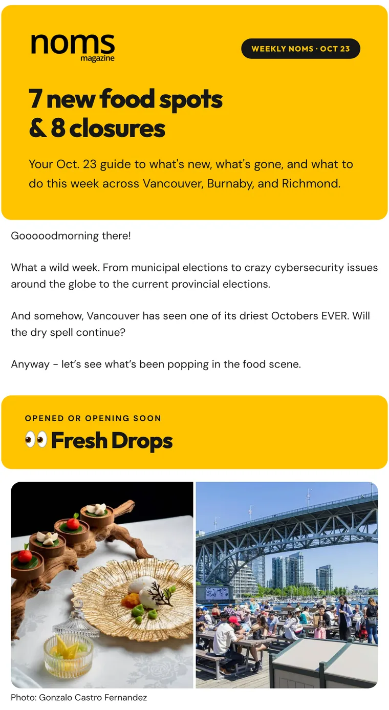 The top of the Oct 23 issue: the yellow noms header, “7 new food spots & 8 closures”, and the start of Fresh Drops.