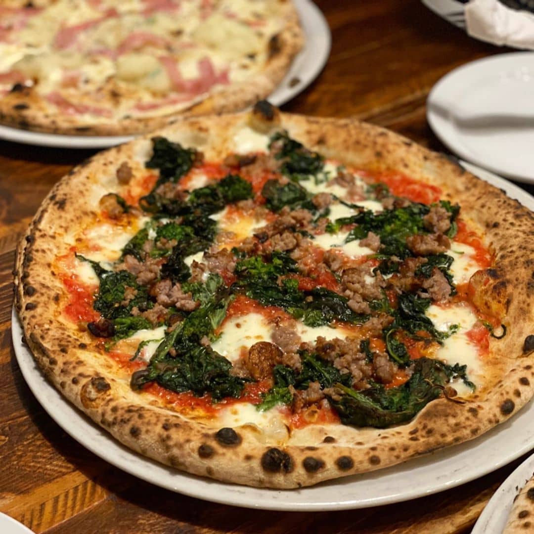 pizza on wooden table 