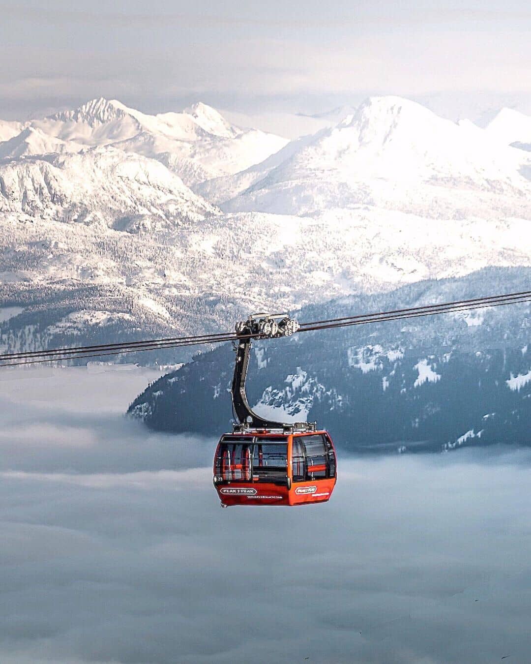 vancouver to whistler - peak 2 peak gondola in air with snowy mountains in background