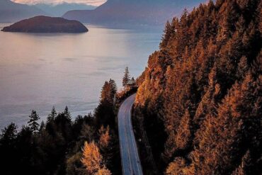 vancouver to whistler - sea to sky highway aerial view with mountains in view