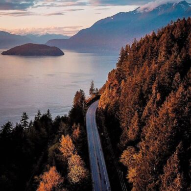 vancouver to whistler - sea to sky highway aerial view with mountains in view