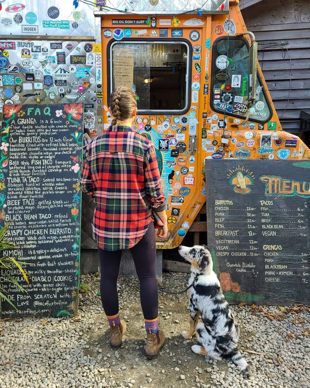Places to Eat and Drink in Tofino - tacofino truck and woman and dog standing