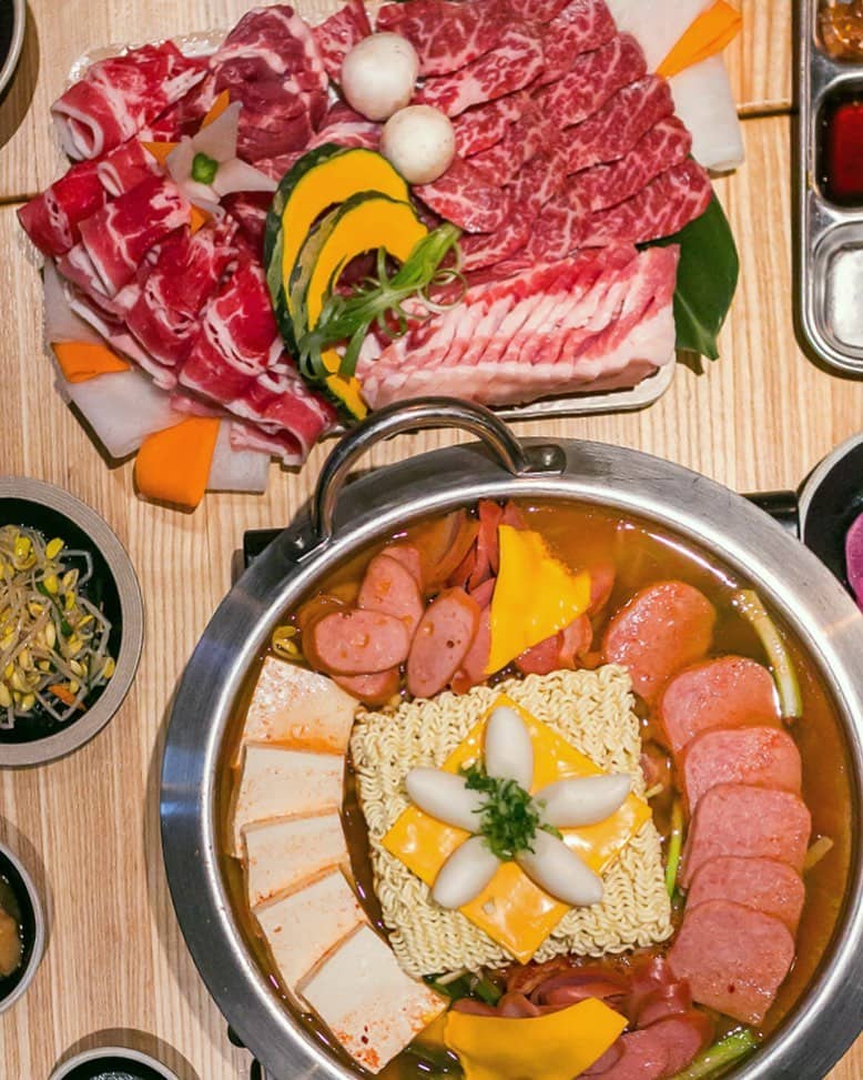 best korean restaurant in richmond - dolphan kbbq hot pot stew with spam and ramen and meat on table