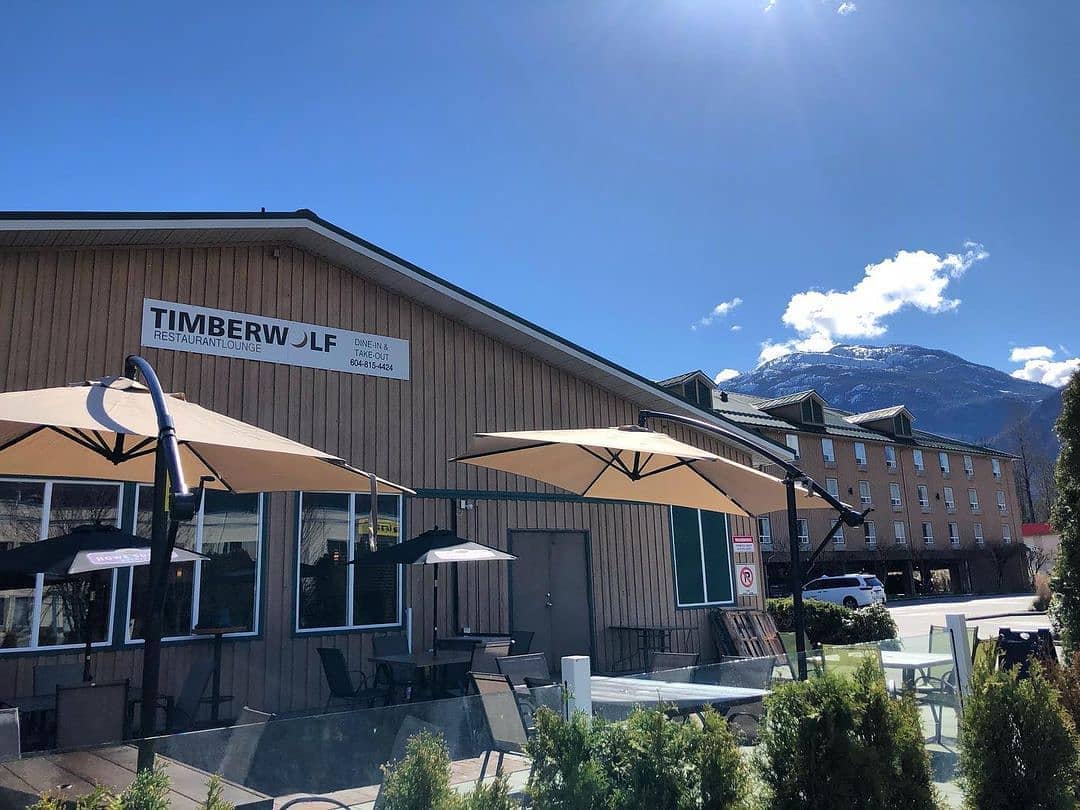 best squamish restaurants - timberwolf restaurant exterior with blue skies
