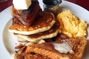 best burnaby breakfast - the red wagon waffles and egg and toast on plate