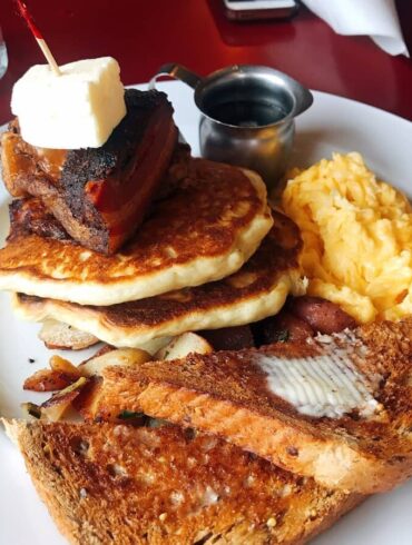 best burnaby breakfast - the red wagon waffles and egg and toast on plate