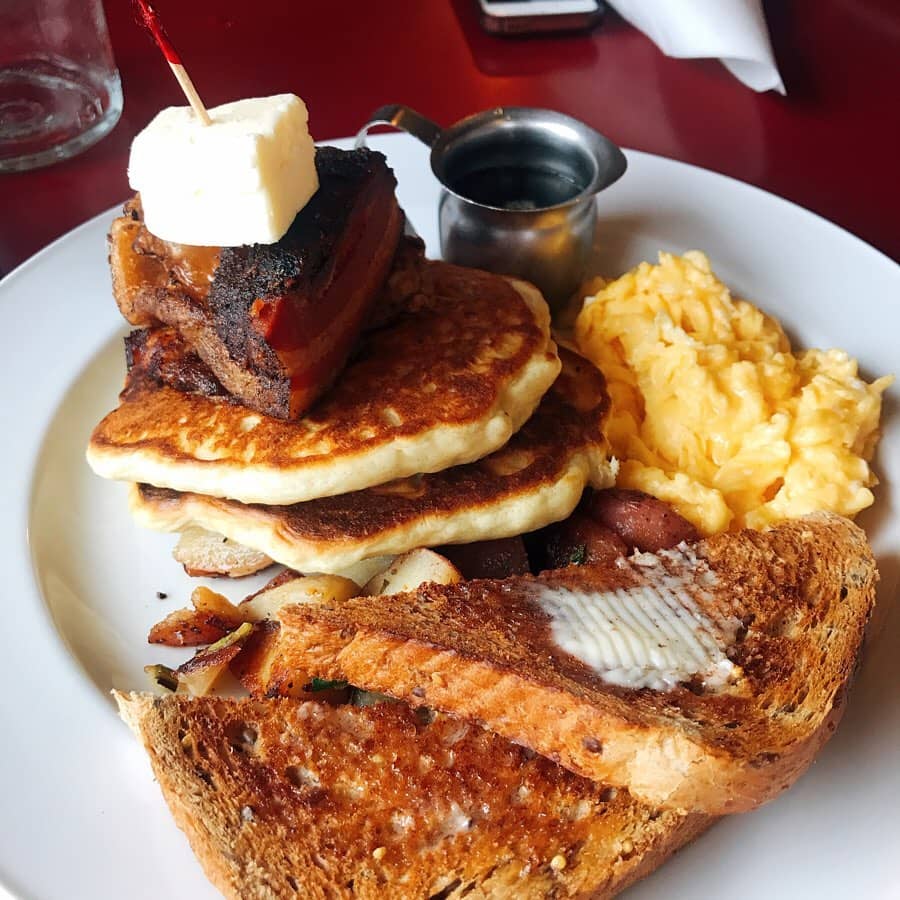 best burnaby breakfast - the red wagon waffles and egg and toast on plate